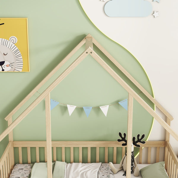 English Elm Twin Wood House-Shaped Floor Bed with Fence and Guardrails – Playful Pine Frame for Imaginative Kids Retreat Natural W504P143291