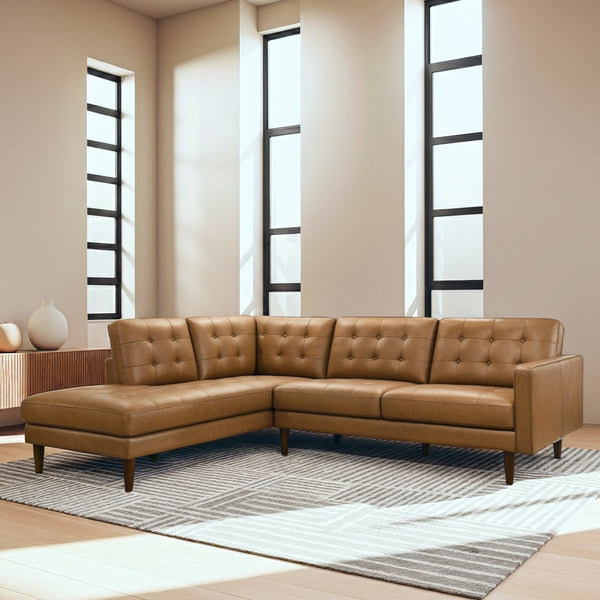 English Elm Lucco Top-grain Leather Sectional with Chaise Mid-century Tufted Living Room Sofa B183S00217