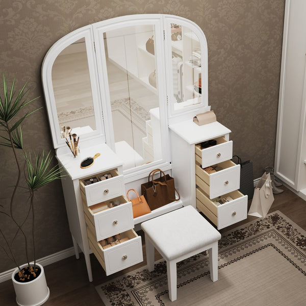 English Elm Antique Glam Vanity Desk with Triple Mirror, Stool & 6 Drawers, Full‑Length Mirror, White Elegance N844P285297A