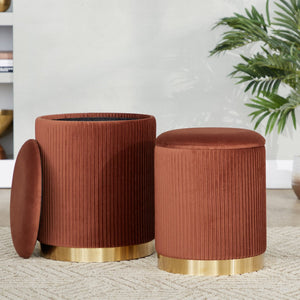 English Elm Nesting Pleated Velvet Ottoman Pair with Polished Gold Base Glam Living Room Accent B202P471509