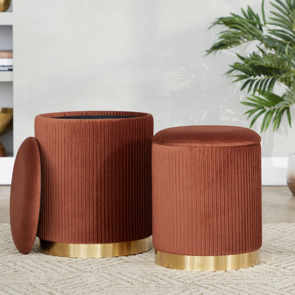 English Elm Nesting Pleated Velvet Ottoman Pair with Polished Gold Base Glam Living Room Accent B202P471509