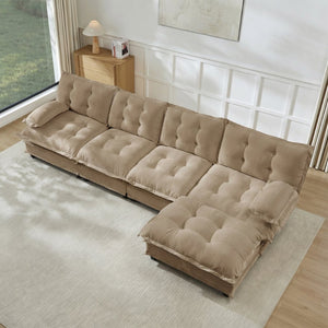 English Elm 138" Chenille Modular Cloud Sectional with Ottoman Deep Seat Lounge Sofa for Apartments Light Coffee W714S01715