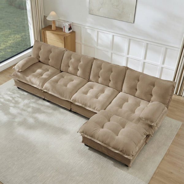 English Elm 138" Chenille Modular Cloud Sectional with Ottoman Deep Seat Lounge Sofa for Apartments Light Coffee W714S01715