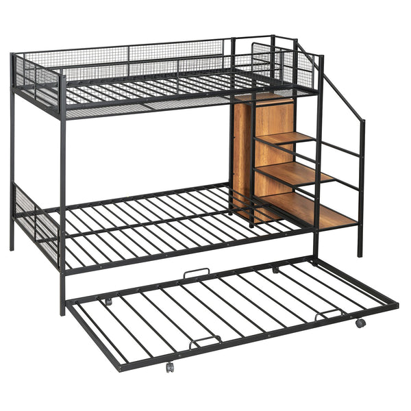 English Elm Twin Metal Bunk Bed with Trundle, Lateral Storage Ladder & Wardrobe | Space-Saving Durable Design Black SF000173AAB