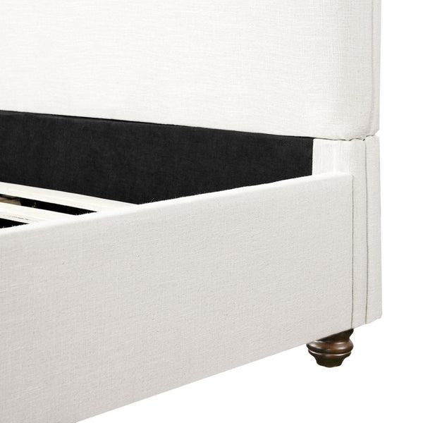 English Elm Queen Linen Upholstered Bed Frame Thick Rolled Headboard Solid Rubberwood Legs Bedroom White N757Q384827W