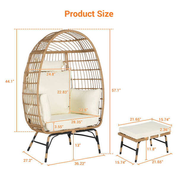 English Elm Wicker Oversized Egg Chair with Ottoman and 3.2" Thick Cushions, Handwoven PE Rattan, Weatherproof Comfort Beige W874P264667