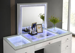 English Elm Contemporary Glam Vanity with Rhinestone Trim and Tempered Glass Top, High Gloss Finish, Illuminated Appeal White 35 L x 31 W x 4 H B2741S00672