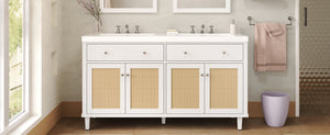English Elm Christopher Knight Home® - 60 Inch Bathroom Vanity with Double Sinks SMC, Rattan Doors, Soft-Close Drawers, Stable Pine Legs White N817P296140W