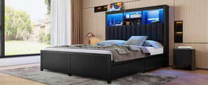 English Elm Queen Storage Bed Frame with Led Lighting Charging Station and Four Under Drawers W1670S00030