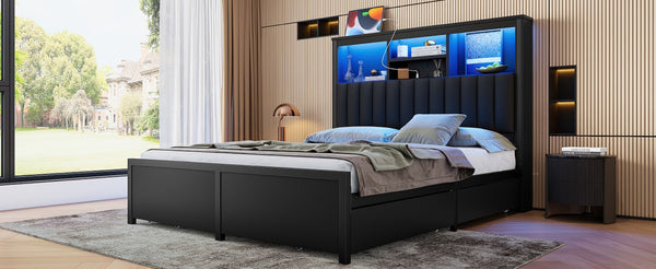 English Elm Queen Storage Bed Frame with Led Lighting Charging Station and Four Under Drawers W1670S00031