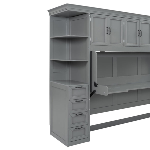 English Elm Twin Murphy Wall Bed with Integrated Desk Wardrobe and Storage Cabinet in White LP000767AAE