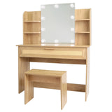 English Elm Vanity Desk Set Stool & Dressing Table With Led Lighting Mirror Drawer and Compartments Modern Wood Cosmetic Table Chest Of Drawers Nature Color