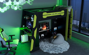 English Elm Twin Gaming Loft Bed with Desk Rgb Lighting and Multi-tier Shelves for Teen Rooms Green LT000160AAG