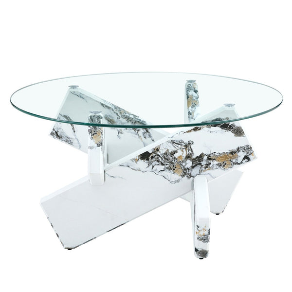 English Elm Round Tempered Glass Coffee Table with Sculptural Mdf Base for Modern Living Rooms White W1151P180316