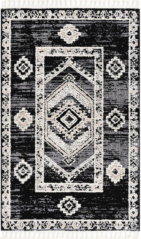 Unique Loom Cherokee Boone Machine Made Geometric Rug Fossil Gray, Ivory/Black 5' 3" x 8' 0"
