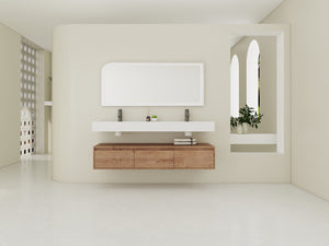 English Elm 60 Inch Wall-Mounted Modern Bathroom Vanity With Dual Resin Sinks, Soft Close Drawers & Chic Design W999S00356
