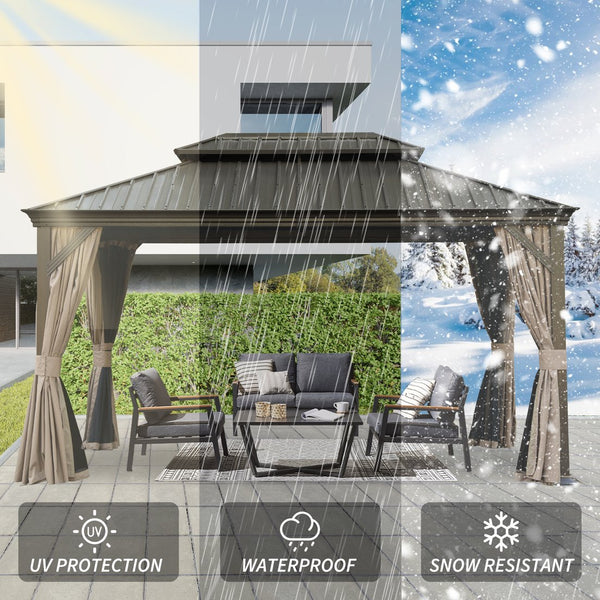 English Elm 12' X 14' Hardtop Gazebo with Drainage, Dual-Layer Galvanized Roof, Curtains & Mesh, Brown - Durable Outdoor Shelter for Patio and Garden (UV, Mosquito-Proof) W1859S00140