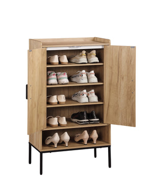 English Elm Shoe Cabinet with Rattan Doors 5-Tier Wooden Shoe Organizer Black+Natural — Ventilated Boho Storage for Entryway W3151P345852
