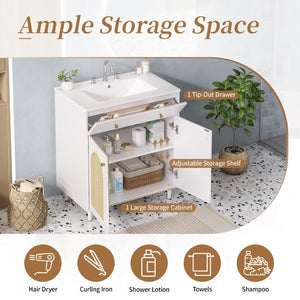 English Elm 30" Rattan Front Bathroom Vanity Solid Pine Cabinet with Ceramic Sink and Adjustable Shelf White N710P293988K