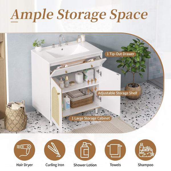 English Elm 30" Rattan Front Bathroom Vanity Solid Pine Cabinet with Ceramic Sink and Adjustable Shelf White N710P293988K