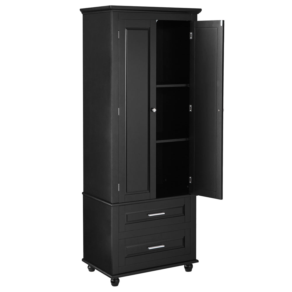 English Elm Tall Slim Storage Cabinet with Adjustable Shelves, 2 Drawers & Doors, Anti-Tip Design for Bathroom Black WF299284AAB