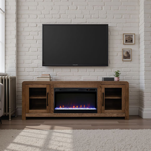 English Elm Haven 65 inch Entertainment Center with Electric Fireplace, Oak Veneer TV Stand, Glass Doors, Cable Management Brown B108P364419
