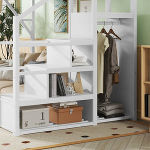 English Elm Full Size Loft Bed With Stairs & Shelves - Stylish Metal High Loft Bed For Kids & Teens, White Finish W2580S00032