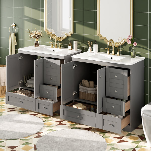 English Elm 72 Shaker Bathroom Vanity 72" Double-Sink Freestanding with Ceramic Basin, Soft-Close Drawers & Doors Grey N729P000010E