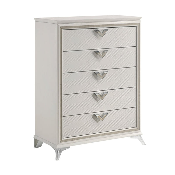 English Elm Antique White Gold Five Drawer Chest Embossed Glam Bedroom Storage Dresser B011P270970