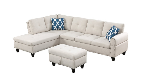 English Elm Black Faux Leather Sectional Sofa with Cup Holders Storage Ottoman and Nailhead Trim Beige B2730S00024