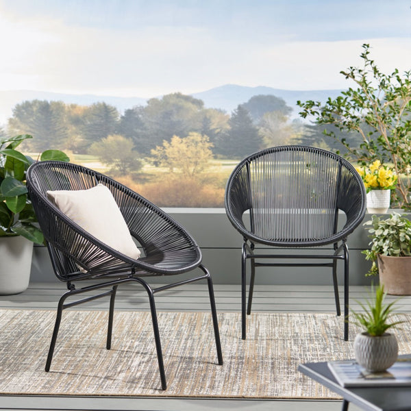 English Elm Nusa Outdoor Woven Rattan Basket Chair with Iron Legs for Modern Patio Spaces 66626.00BLK