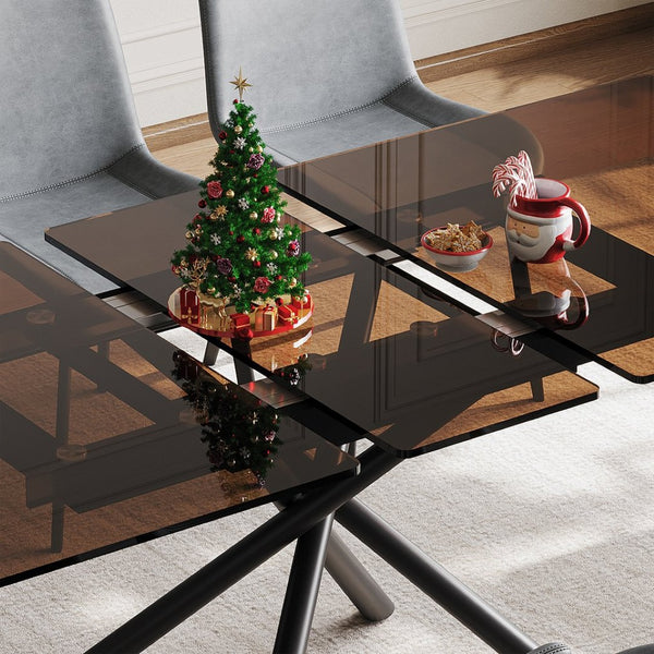 English Elm 59-inch Expandable Glass Top Dining Set Seats 8 with Upholstered Chairs X-base W2700S00083
