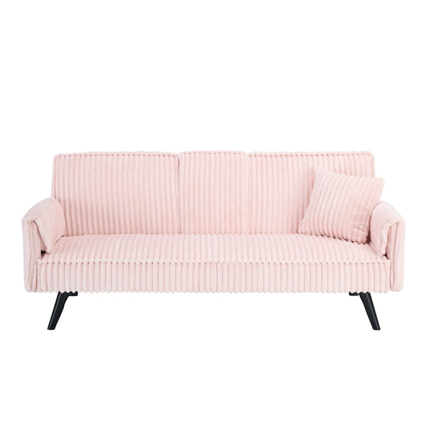 English Elm Minimalist Corduroy Reclining Sofa with Convertible Flat Sleeper and Cup Holder Pink W3356P421779