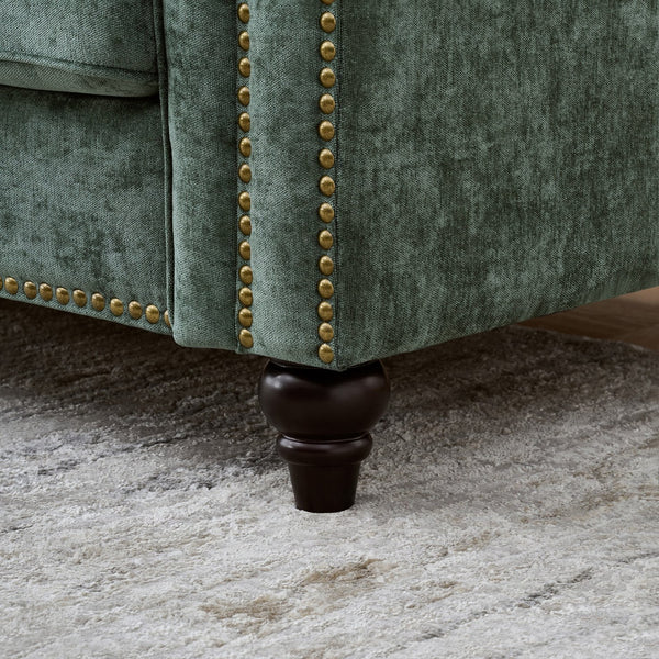 English Elm Modern Chenille 3+2 Seater Sofa with Rolled Arms, Velvet Touch, Nailhead Trim, Solid Wood Legs, Cozy Green W3373S00044