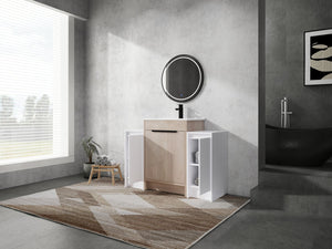 English Elm 48 Inch Freestanding Bathroom Vanity With Ceramic Sink, Adjustable Shelves & Soft-Close Doors W999S00312