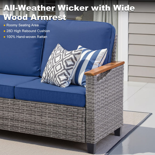 English Elm 73.2" Outdoor Handwoven Rattan 3 Seat Sofa with Olefin Cushions for Porch or Patio Blue T3773P418280