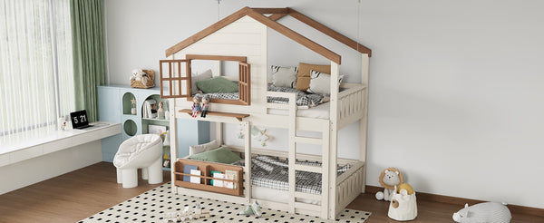 English Elm Full Bunk Bed with Trundle Bookshelf Storage Pine Frame Car Design for Kids W1580S00324