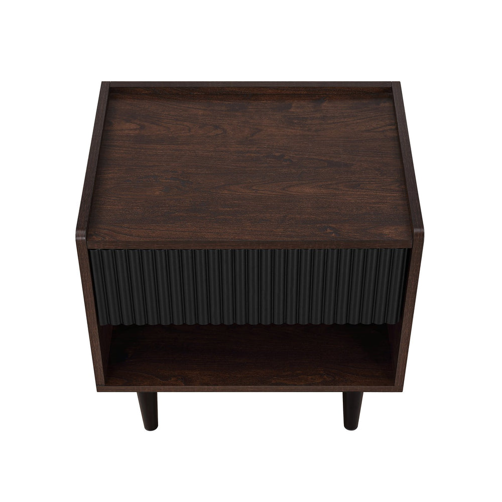 English Elm Duane Fluted 20" Nightstand in Black with Ribbed MDF, Handless Drawer & Iron Feet for Style B365P398187