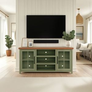 English Elm 67 Inch TV Console - Sage Green & Fruitwood Two-Tone, Fully Assembled, Glass Doors, Cable Management (Fits up to 80") B108P160211