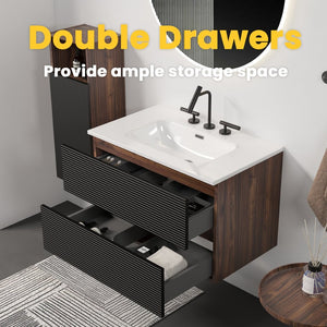 English Elm Gloria Floating Bathroom Vanity Walnut Two-tone Ceramic Sink Modern Storage Cabinet W1865S00199