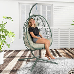 English Elm Hanging Egg Chair Pe Wicker Swing Seat with Stand Washable Cushion Patio Balcony T5880P497577