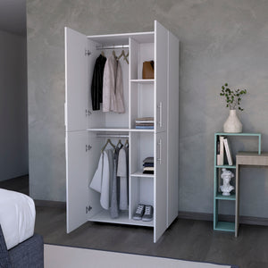 English Elm Hazel Slim White Melamine Armoire with 2 Doors, 4 Shelves & 2 Hanging Bars — Stylish Space-Saver B128S00008