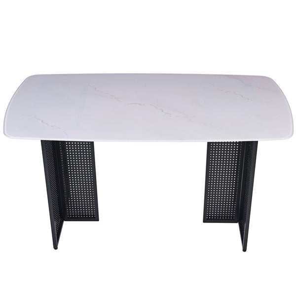English Elm Modern-style Marble Glass Dining Table Seats Six with Sleek Black Metal Legs W5123P397511