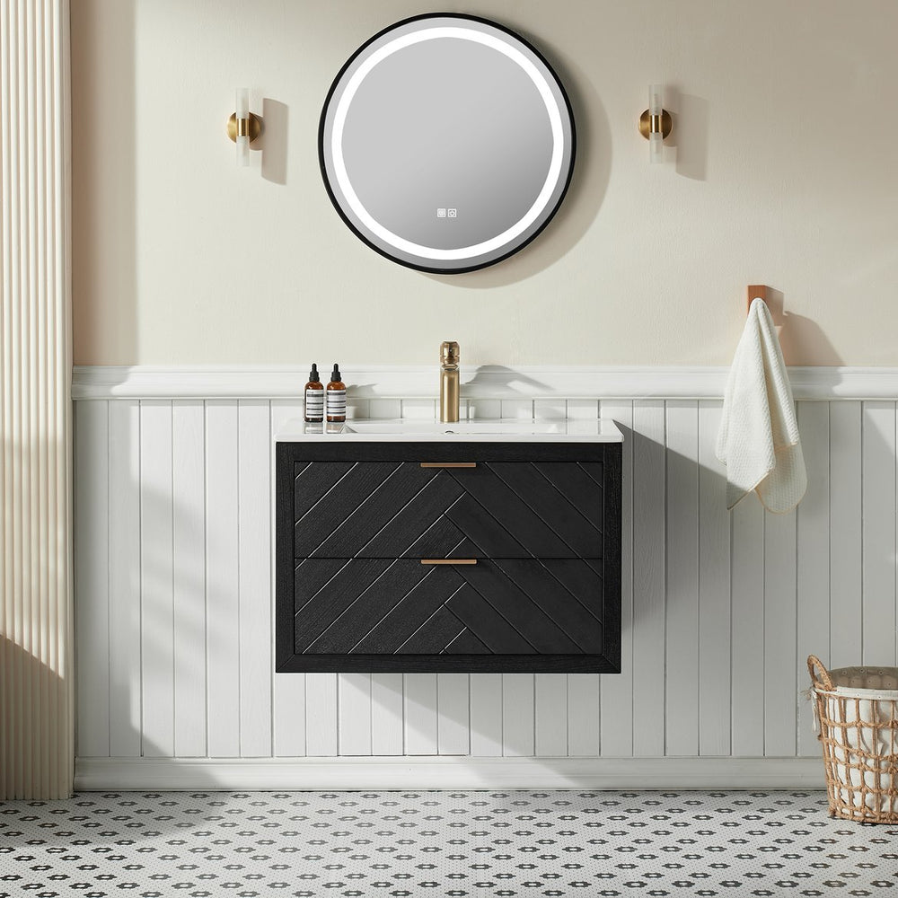 English Elm 30" Tiered Black Wall-Mounted Floating Vanity with Ceramic Sink, Center Storage Nook for Towels & Toiletries W1826P343434