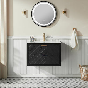 English Elm 30" Tiered Black Wall-Mounted Floating Vanity with Ceramic Sink, Center Storage Nook for Towels & Toiletries W1826P343434