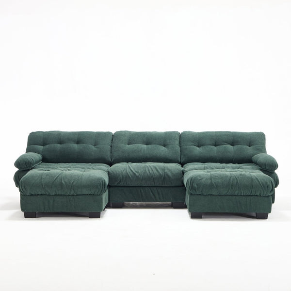 English Elm U Shaped Modular Cloud Sectional Deep Seat Flannelette Sofa with Rounded Bolster Armrests Green W2120S00039