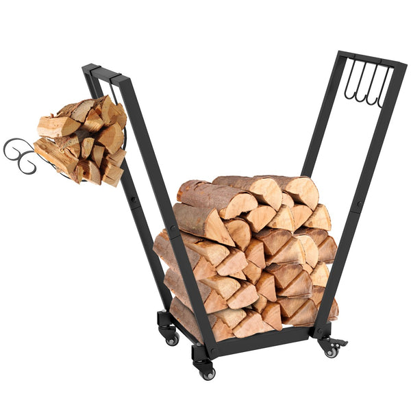 English Elm Outsunny 31" Portable Firewood Rack With Swivel Casters, Hooks & Sturdy Design For Indoor/Outdoor Use W2225P249990-GIGA