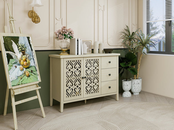 English Elm Hollowed-Out Cabinet With 2 Doors & 3 Drawers – Stylish American Furniture For Versatile Storage Solutions W688P223034