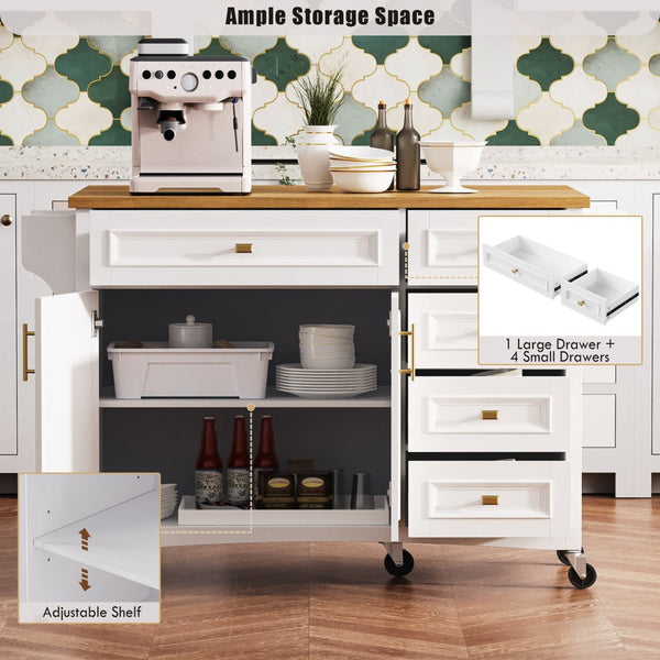 English Elm K&k Farmhouse Rolling Kitchen Island Oak Veneer Top with Drop Leaf and Storage Drawers White N707S195393W