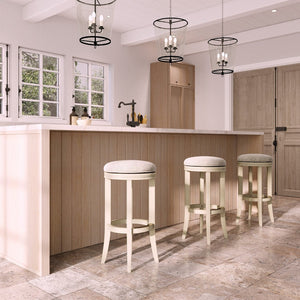 English Elm 31in. Backless Swivel Barstool Solid Wood Curved Legs Upholstered Seat Bar Kitchen Grey+Ivory B2751P436423